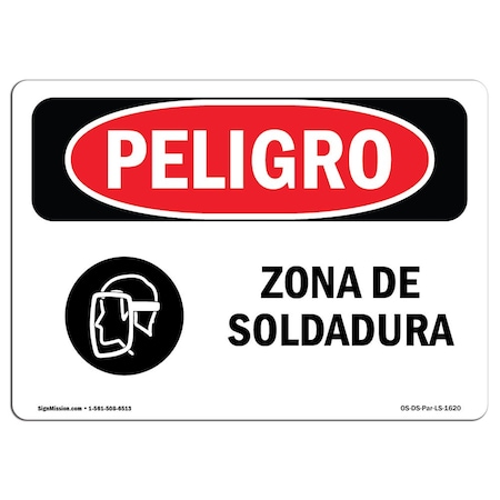OSHA Danger Sign, Welding Area Spanish, 18in X 12in Rigid Plastic